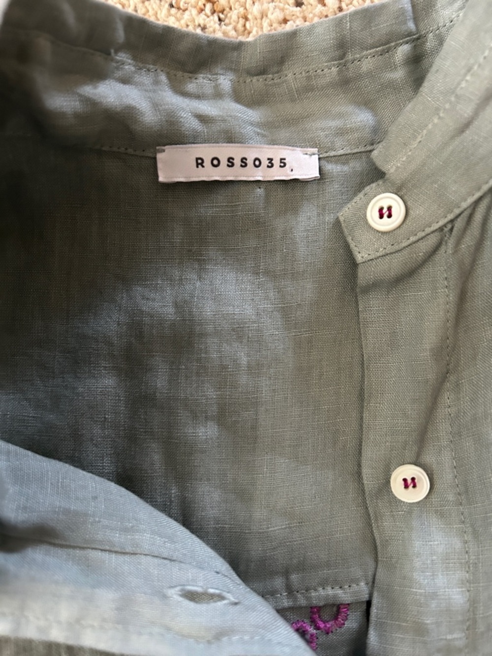 Rosso35 Grey Linen Purple Eyelet Floral 3/4 Sleeve Button Shirt Top *Sz 42/US 6* - Picture 4 of 5